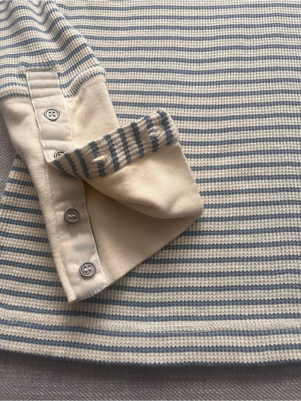 Sundance Striped Long-Sleeve Cotton Waffle Knit Top in Cream and Light Blue - Picture 7 of 13